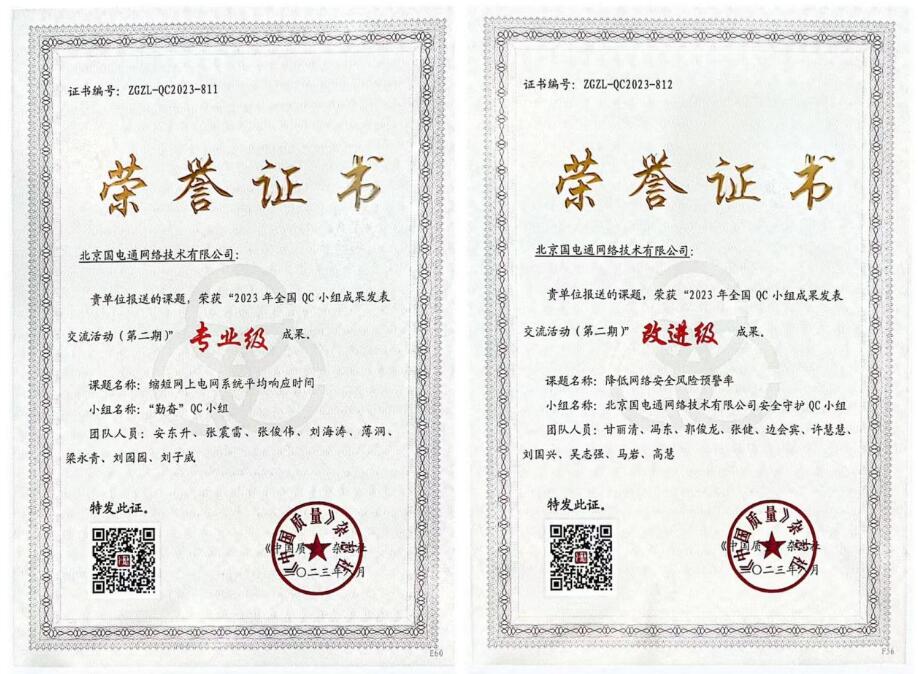國(guó)網(wǎng)信通產(chǎn)業(yè)集團(tuán)國(guó)電通兩項(xiàng)QC成果分獲2023年全國(guó)QC小組成果二、三等獎(jiǎng)